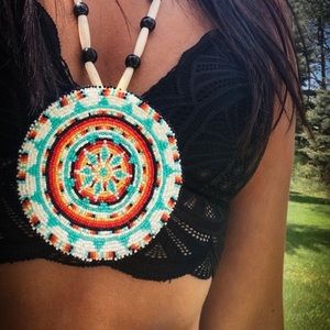 Handmade Native American Beaded Rosette Necklace Huge